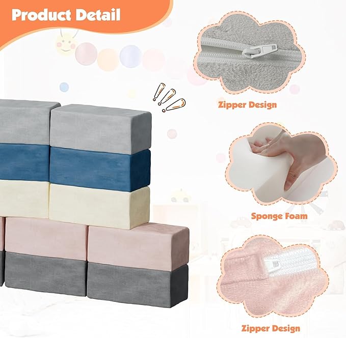 24 PCS Modular Kids Play Block Couch Child Sectional Soft Sofa Toddler Building Fortplay Climbing Bedroom Playroom Baby Convertible Floor Foam Cushion for Boys & Girls (24pcs+Rectangle)