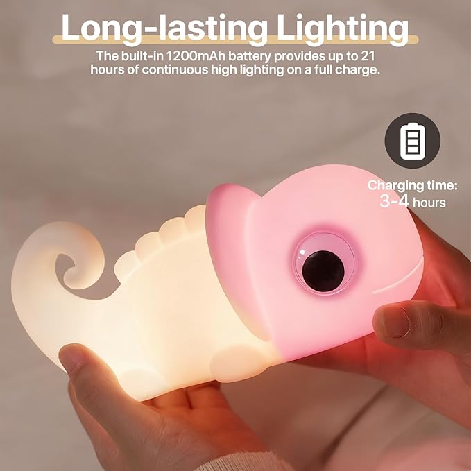 Cute Chameleon Night Light for Kids Rechargeable, Battery Operated Nightlight 3 Level Dimmable with RGB&Timer, Silicone Touch Nursery Lamp for Baby Girls Boys Bedroom Gifts