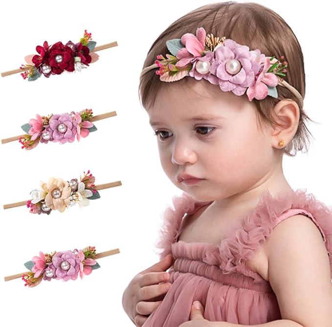 Wiwpar Flower Crown Headband Bead Headwear Elastic Adjustable Head Piece Girl's Hairbands for Toddler and Childrens (Ivory)