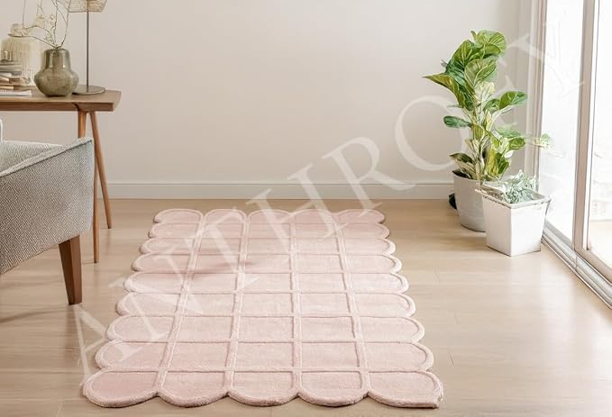 Selena Scallop Area Rug – 4’ x 6' – Handmade Wool Area Rugs – Pink – Rugs for Living Room, Bedroom – Anti-Skid – Carpets with Non-Slip Natural Backing with 100% Cotton