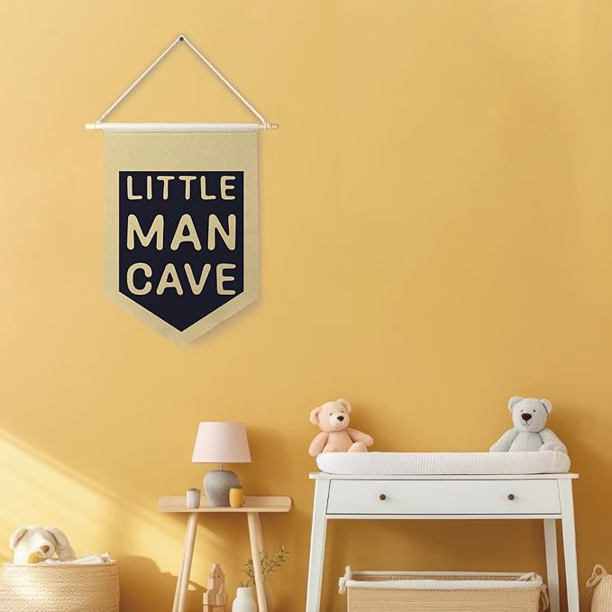 Qpenm Little Man Cave Hanging Wall Canvas Banner,Kids Room Hanging Pennant Flag Prints,Nursery Hanging Wall Canvas Banner,Baby Boy Girl Nursery Decornursery Wall Art Decor