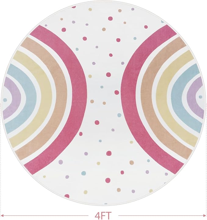 STARUIA Round Rainbow Rug for Girls Bedroom, 4 Ft Washable Kids Rug for Baby Nursery, Non-Slip Circle Area Rug Colorful Princess Carpet for Teen Dorm Playroom Tent
