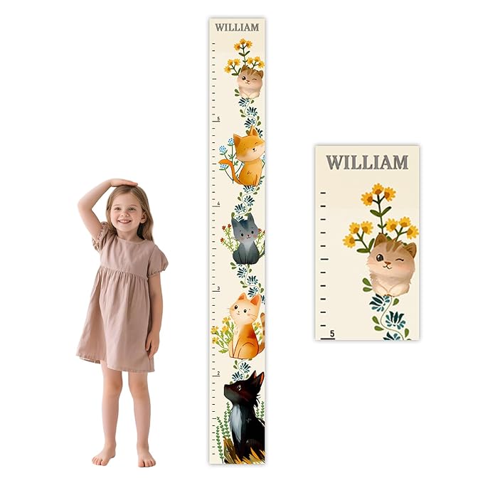 Personalized Growth Chart for Wall, Five Kittens Height Growth for Kids, Wooden Name Ruler for Nursery and Playroom, Baby Shower Gift 63" x 7.8"