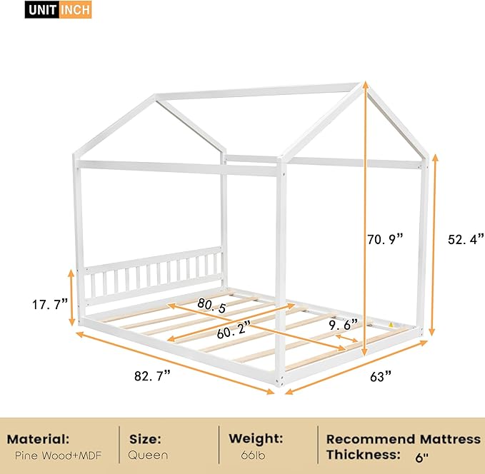 Bellemave Queen House Bed with Roof Wood Montessori Floor Beds for Kids Wood House Floor Bed Frame for Girls Boys Teens Adults, No Spring Box Needed, White