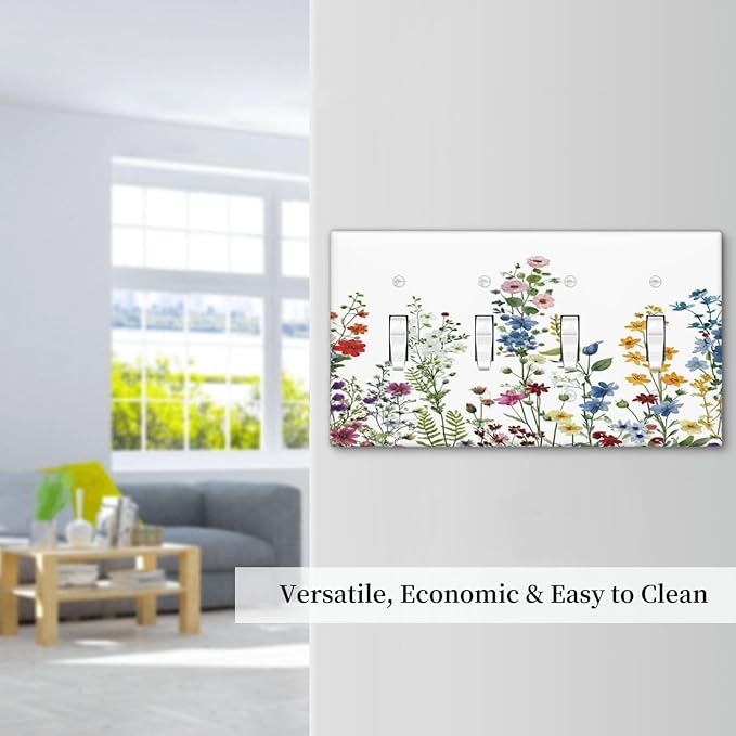 Light Switch Cover Colorful Wildflowers Plants Flowers on White Background 4 Gang Switch Plate Covers Quad Toggle Wall Plates Decorative Switchplate Electrical Faceplate for Home Decor