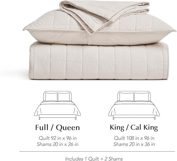 EVERGRACEHOME 100% Cotton Box Stitch Quilt Bedding Set King Size 3 Pieces, Garment-Washed Lightweight Soft Cozy Coverlet, Oversized Quilted Bedspread Sets with 2 Shams for All Season, Birch