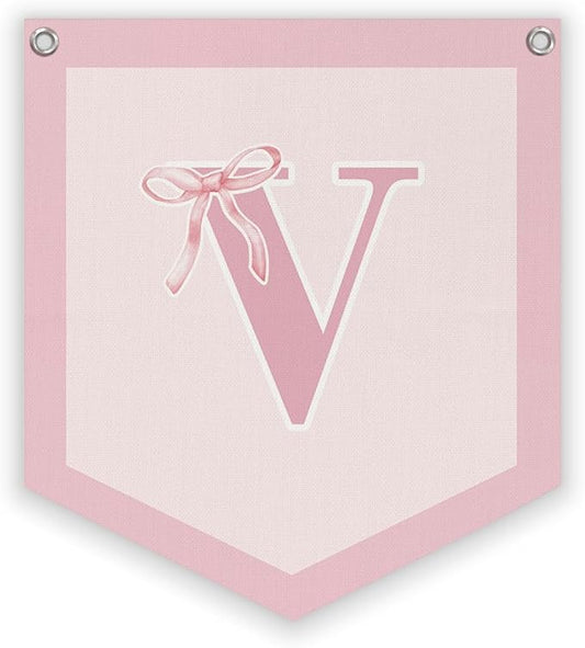 Lacama Initial Personalized Preppy Banner, Baby Shower Decor Girl Nursery Decor, Coquette Pink Bow Teen Girl Gifts, Vintage Room Toddler Room Bedroom Playroom Front Door Birthday Gift(V)