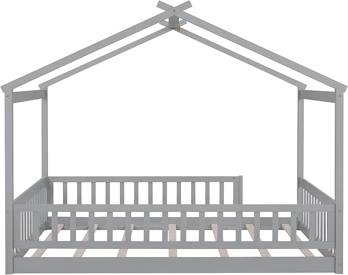 Merax Full Size Wooden House Bed with Fence, Wood Bed Frame with Roof and Safety Guardrail for Kids, Teens, Boys or Girls, Gray