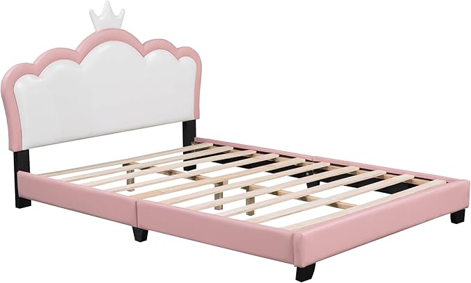 CITYLIGHT Full Size Princess Bed for Girls, PU Upholstered Platform Bed with Crown Headboard, Cute Beds Full Bed Frame for Kids, Pink+White