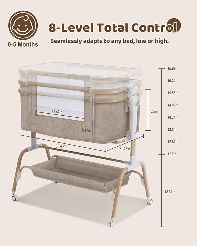 Baby Bassinet, Rocking Bedside Sleeper, Detachable & Portable Bassinet with 8-Level Height, Breathable Mesh, Storage Basket & Rotating Mobile Toy for Newborns Infant(Khaki)