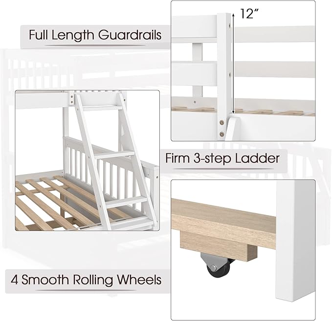 KOMFOTT Wood Twin Over Full Bunk Bed with Trundle, Bunk Bed Frame with Solid Pine Wood Frame, Space-Saving Bed Frame with Ladder & Safety Guardrails, No Box Spring Needed