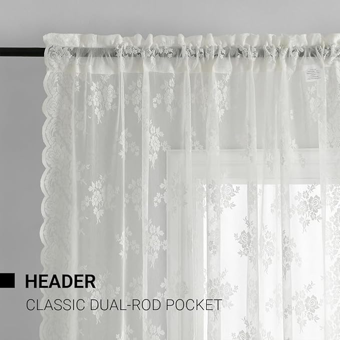 Kotile Lace Curtains 54 Inch Length for Small Window, Embroidery Vintage Floral Sheer Lace Curtains 2 Panels Set, Rod Pocket Privacy Sheer Window Curtain, 52 x 54 Inch, 2 Panels, Ivory