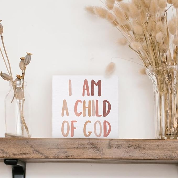 Boho Neutral Baby Girl Boy Nursery Decor - I am a Child of God Christian Wood Box Sign Desk Decor, Toddler Boy Girl Room Decor, Christian Desk Decor, Bible Verse Decor, 5x5