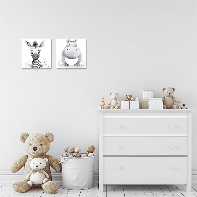 Baby Animal Framed Canvas Wall Art Set of 2 - Cute Baby Zebra Hippo Paintings Pictures Nursery Decor Wild Animals Posters Prints for Living Room Kids Room Decor(Artwork-01, 24"x24"x2P)
