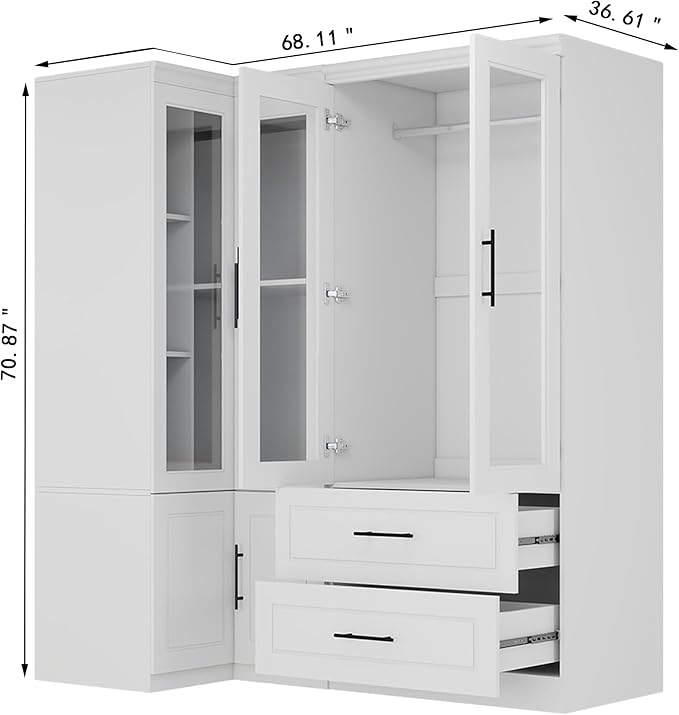 Armoire Wardrobe Closet with 2 Glass Door: White Combination Corner Wood Wardrobe Closet 2 Drawer Wooden Bedroom Armoire with Hanging Rods for Home/Bedroom/Living Room