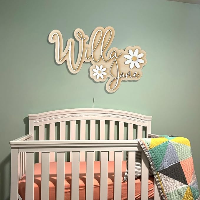Personalized Nursery Name Sign, Custom Wooden Name Sign with Flowers, 3D Layered Wood Wall Decor for Baby Girl Room, Boho Floral Kids Room Name Plaque, 2 Layer /5