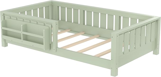 Bellemave Twin Floor Bed with Slats and Safety Guardrail, Twin Size Montessori Floor Bed with Fence and Built-in Bookshelf, Easy Assemble Montessori Beds for Kids, Girls, Boys, Green
