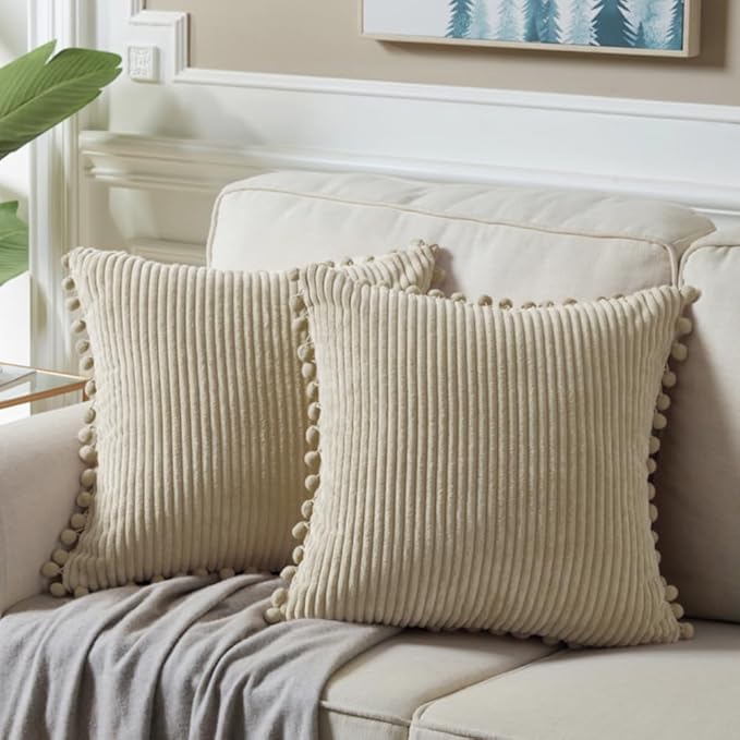 Fancy Homi 26x26 Pillow Covers Set of 2, Euro Pillow Covers with Pom-poms, Tan Big Throw Pillow Covers for Couch Bedroom 66x66 cm