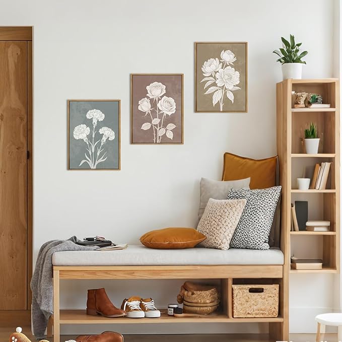BINCUE Neutral Floral Canvas Wall Art Framed Boho Flower Painting Print 12" Lx16 W 3 Piece