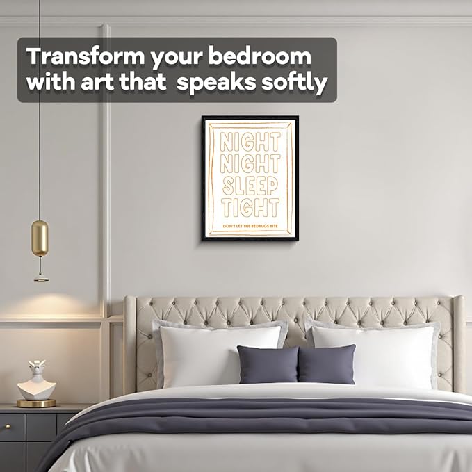 Bedtime Quote Wall Art, sleep tight message, playful kids wall decor, matte finish framed canvas print, nursery poster artwork, for nursery kids room birthday gift, 12x15 inch
