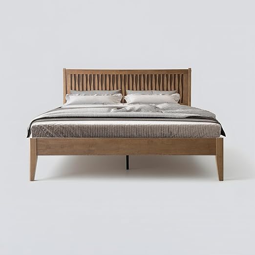 King Size Bed Frame, Solid Wood Platform Bed with Headboard & Footboard, 12 Sturdy Slatted, Central Metal Legs, Easy Assembly, Noise & Anti-Slip, No Box Spring Needed, Barnwood Finish, OLK-30