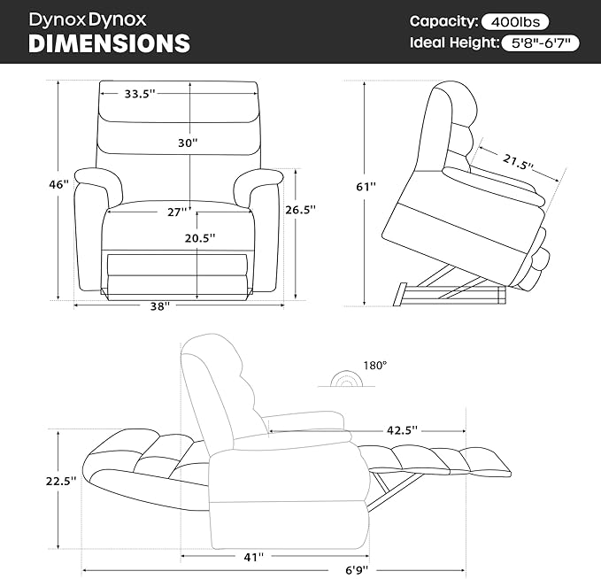 DYNOX 400 LBS Big Tall Man Large-Wide Power Dual Motor Lift Recliners Chairs for Elderly, Lay Flat Lift Chair with Infinite Positions, Heat & Massage, Extended Footrest (9298L, Chenille, Grey)