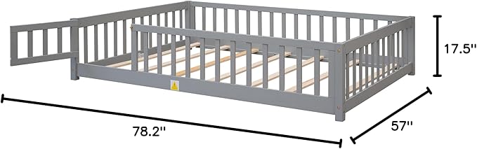 Full Size Montessori Floor Bed Frame with Convertible Door & Wood Slats for Kids,Wood Montessori Bed with Safety Guardrails for Girls & Boys,Grey
