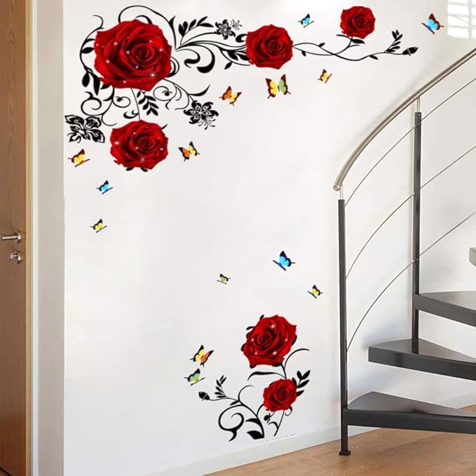 Supzone Red Rose Wall Stickers - DIY Vinyl Mural Art for Bedroom, Living Room, Sofa Backdrop & TV Wall Decoration