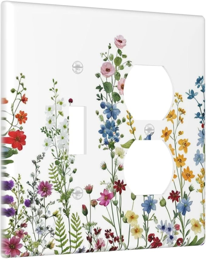 Outlet Covers Colorful Wildflowers Plants Floral 2 Gang Combination 1 Toggle/1 Duplex Light Switch Cover Decorative Gfci Wall Plate Electrical Receptacle Switchplate Faceplate Kitchen Decor