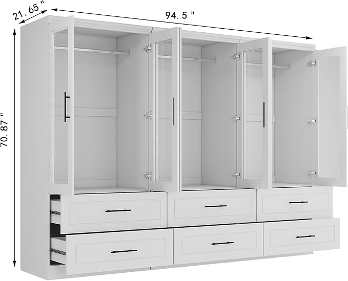 Armoire Wardrobe Closet with 6 Door: White Wood Wardrobe Closet Wooden Transparent Door 6 Drawer Cabinet Bedroom Armoire with Hanging Rods for Home/Bedroom/Living Room
