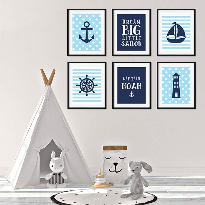 Andaz Press Personalized Ocean Nautical Sailor Theme Nursery Kids Bedroom Hanging Wall Art Decor, 8.5x11-inch, Baby Blue Stripes Dots, 6-Pack, Custom Unframed Room Poster