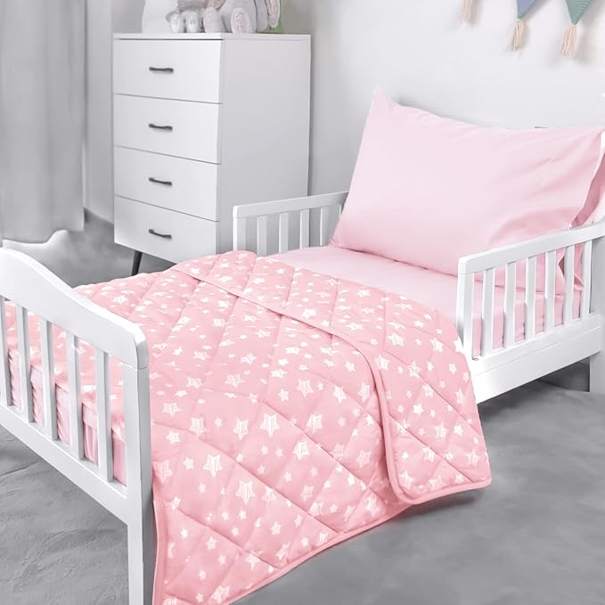 Baby Blanket for Boys and Girls, Soft Cozy Toddler Comforter Quilted with Pink Star Print, Ultra Soft Down Alternative Crib Comforter, 39x47 Inches