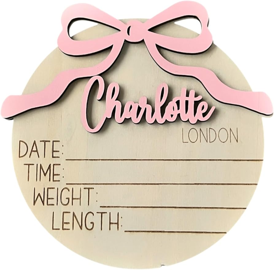 Generic Personalized 3D Baby Girl Name Announcement Sign with Bow - Custom Newborn Birth Stats - Hospital Photo Prop - Multiple Sizes & Fonts - 30 Color Options