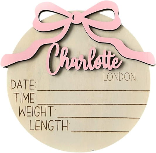 Generic Personalized 3D Baby Girl Name Announcement Sign with Bow - Custom Newborn Birth Stats - Hospital Photo Prop - Multiple Sizes & Fonts - 30 Color Options