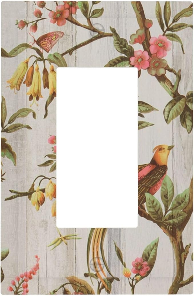 Flowers Bird Tree Retro Spring Floral Branch 1 Gang Light Switch Cover Single Rocker/Gfci Device Decorative Wall Plate Standard Size Receptacle Oriental Chinese Landscape Drawn Outlet Cover Plates