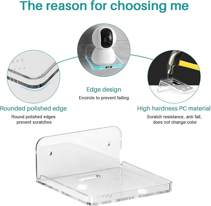 Wall Mount Floating Shelves for 2 Pcs Security Baby Camera Shelf Mini Speaker Other Small Items in Bedroom Bathroom Kitchen Living Room Clear Mini Shelf Flexible Use for Wall Space(S+L)