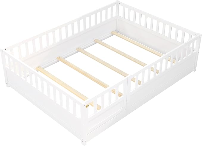 Bellemave Full Floor Bed with Slats and High Fence, Full Size Montessori Floor Beds with Door, No Box Spring Needed, Easy Assemble Montessori Bed Frame(White Full)