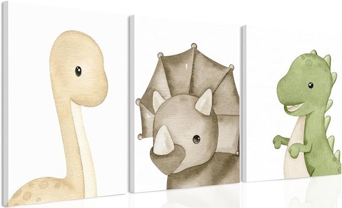 arfitest Dinosaur Wall Art Kids Boys Room Canvas Wall Decor Dino Nursery Wall Art Pictures Baby Dinosaur Poster Prints for Boys Bedroom Bathroom 12x16 Inch Framed Set of 3