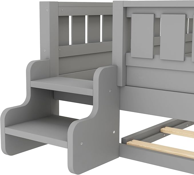 Bellemave Full Size Kids Bed with high Rails and with Built-in Bookshelf and Trundle for Kids, Girls, Boys, Wood Montessori Bed Without Door, Gray