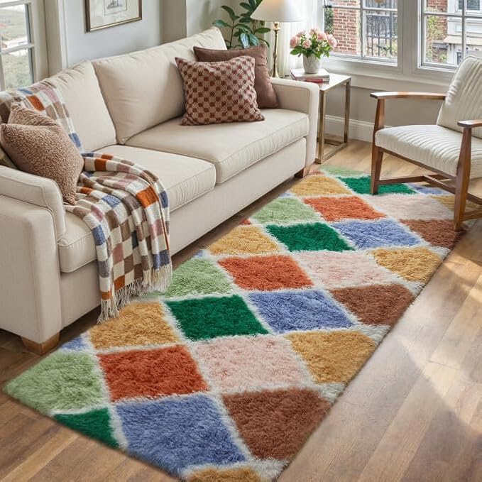 2x6 Checkered Rug Colorful Modern Soft Area Rug Fluffy Non-Slip Carpet for Bedroom Living Room Playroom Home Aesthetic Decor