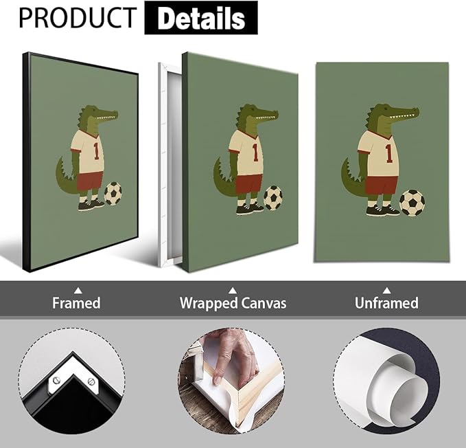 Soccer Posters, Nursery Animal Sports Posters, Long Live Boyhood Inspirational Quote Print, Football Athletes Giraffe Rabbit Crocodile Pictures, Boys Bedroom Sports Artwork 12x16in Wrapped Canvas