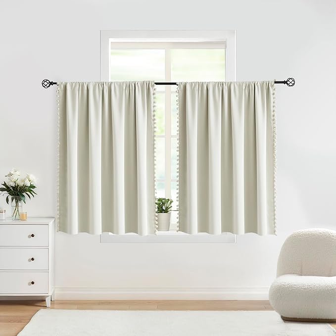 Treatmentex Pompom Blackout Window Curtain Panels Natural Ivory Full Blackout Curtains for Bedroom Basement Small Windows 52" W x 45" L 2 Panels Rod Pocket