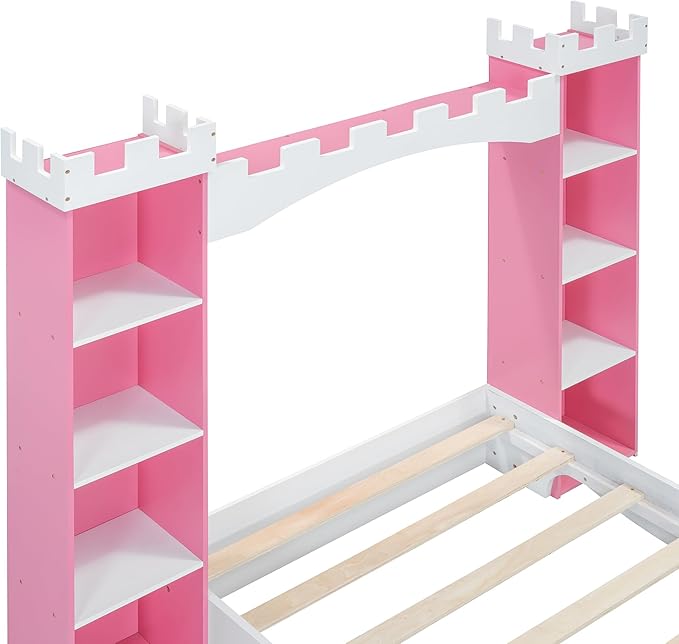 Castle-Shaped Wooden Platform Bed with Storage Shelf, Dreamy Twin Size Kids Platform Bed for Girls Boys Bedroom, Sturdy Slats Support (White+Pink Castle)