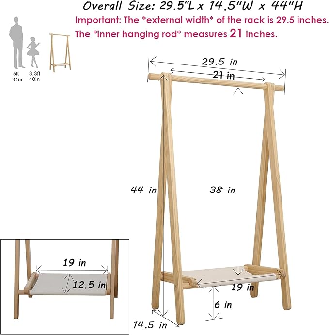 Dress up Rack, Child Garment Rack, Kids Clothing Rack with Storage Shelf (Natural Pine, 29.5" L x 14.5" W x 43.7" H)