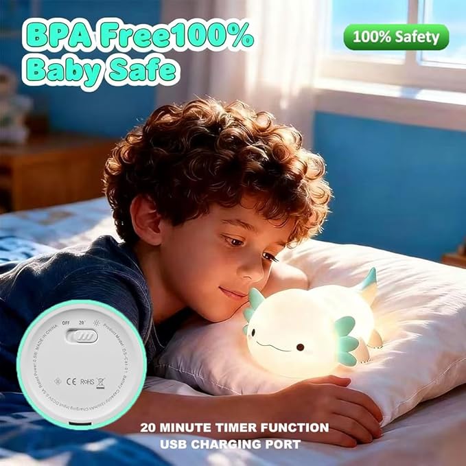 Cute Axolotl Night Light for Kids Bedroom, Animal Silicone Nursery Night Lamp Touch Control Nightlights USB Rechargeable Bedside Lamp for Baby Children Toddlers Girls Gift