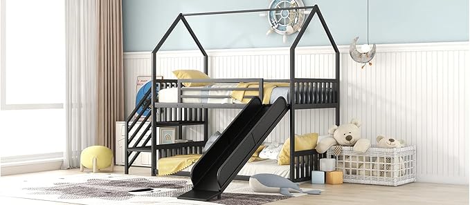 MERITLINE Metal Bunk Bed Twin Over Twin Bunk Bed Frame with Slide and Stairway,Twin Over House Bed with Guardrails
