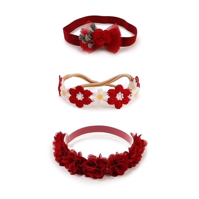 OOSAKU Baby Girl Flower Christmas Headbands Set Elastic Floral Headbands 6pcs Soft Nylon Hair Band for Newborn Toddler Hair Accessories (XKFD007)
