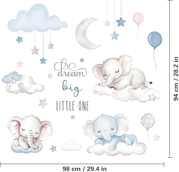 Dream Big Little One Elephant Wall Stickers,Dreamy Moon Stars Balloons Cloud Decor for Kids Room, Nursery & Play,Living Room,Bedroom