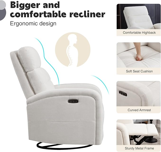Power Glider Recliner Nursery Rocking Chairs with USB, Electric Swivel Rocker Glider Chair for Living Room, Upholstered Recliner Chairs for Bedroom, Bedroom, Chenille White