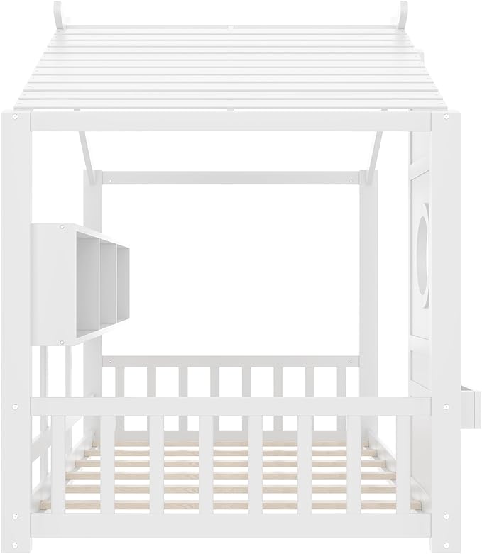 Twin Size Wooden Floor House Bed with Storage Shelf, Modern Design Kids Bed Frame with Roof and Window for Bedroom, Wood Slat Support, No Box Spring Needed, Easy Assembly (White)
